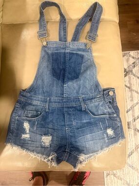 Blank NYC Medium Blue Distressed Denim Short Overalls